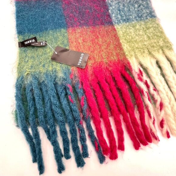 New Torrid Pop Plaid Blue, Green, Red Fringe Scarf - One Size - Picture 2 of 5